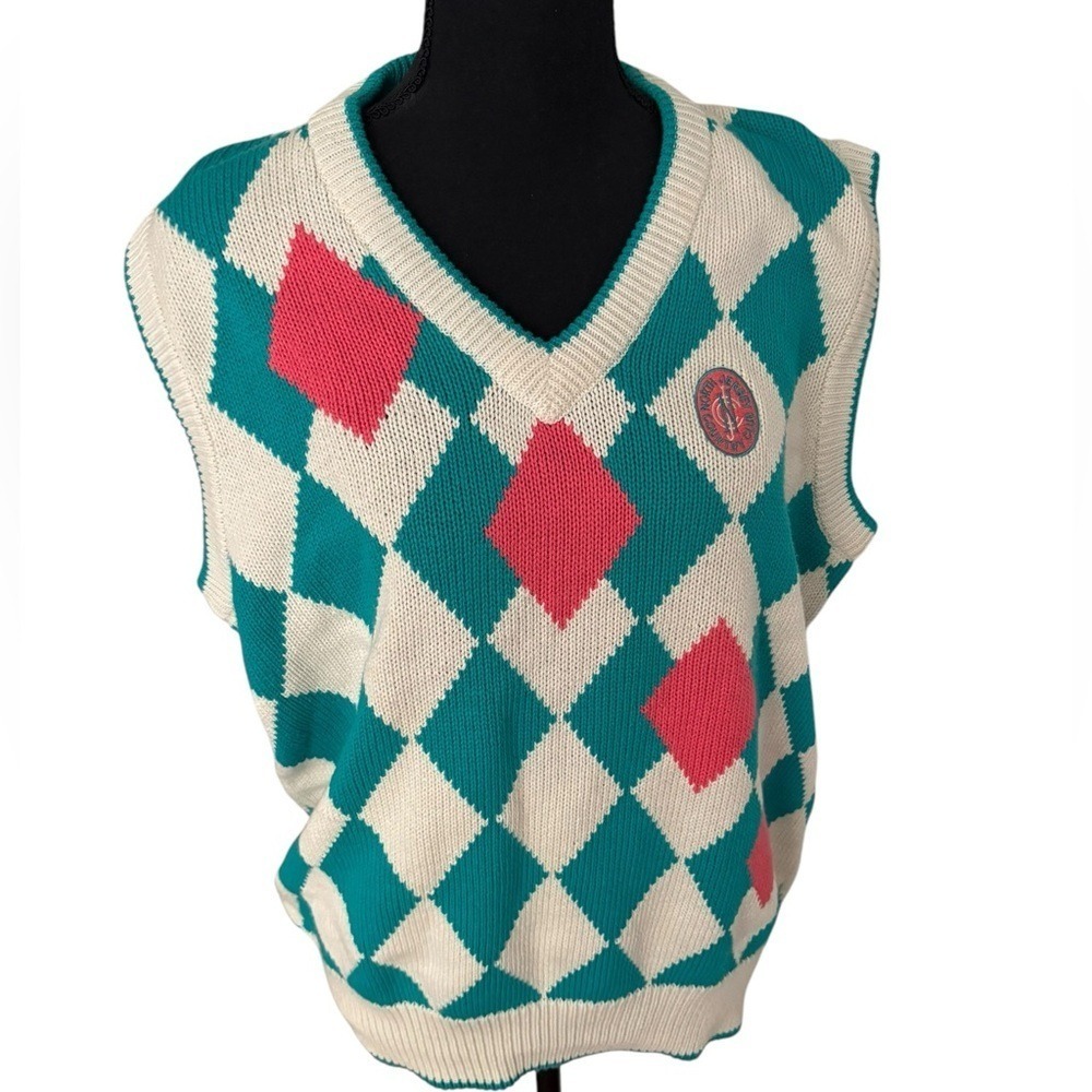 Vintage Argyle turquoise and pink Knit sweater vest "North Jersey Country Club"